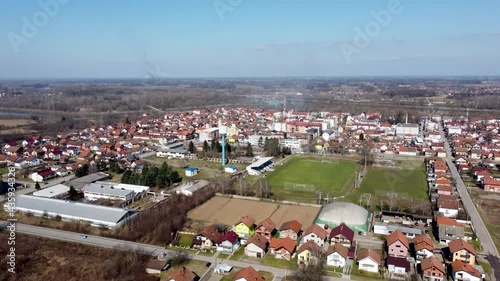 Aerial drone view of Bosanski Samac, town and municipality in north Bosnia and Herzegovina. Panoramic view. photo