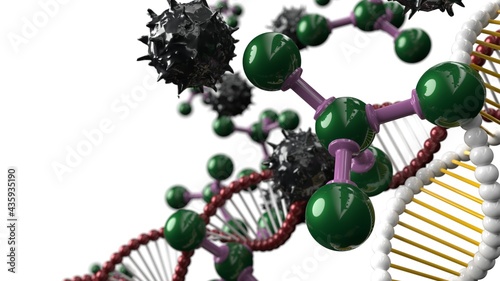 Colorful Molecular structure, Colorful DNA Model Structure and black Virus under White Background. Concept image of Genetic Test. 3D illustration. 3D high quality rendering. 3D CG.