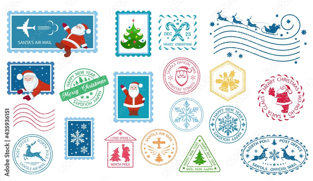 Merry Christmas stamp and postmarks. Santa Claus postage stamps. Christmas mail. Set of different Christmas stamps. Santa's Air Mail. Isolation. Vector illustration
