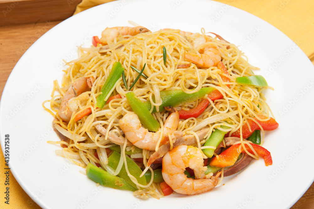 Spicy noodles with shrimp at a Korean restaurant.