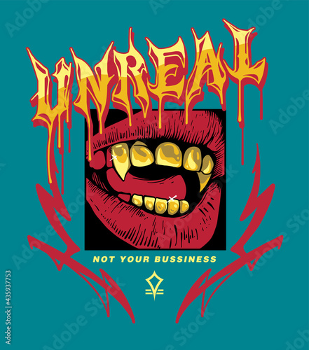 custom typography slogan design with red lips and gold grillz on teeth hand drawn illustration