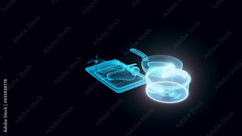 kitchenware with pan and pot hologram Rotating . High quality 4k footage kitchenware with pan and pot hologram Rotating . High quality 4k footage