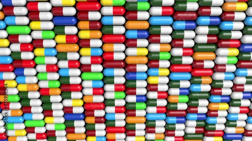 Realistic multicolored capsules.
Medical pills background. 3D rendering.
Medicine, healthcare or pharmacy concept. 