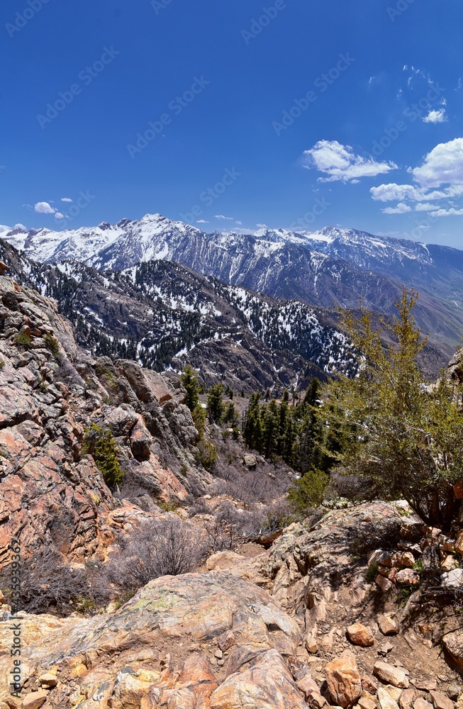 Wasatch Front Mount Olympus Peak hiking trail inspiring views in spring via Bonneville Shoreline, Rocky Mountains, Salt Lake City, Utah. United States. USA