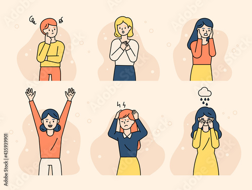 The girls are expressing various emotions. flat design style minimal vector illustration.