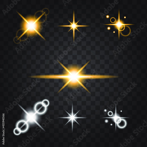 Vector illustration. Light rays Glow line bright and Gold Optical lens flare effects on transparent background. 
