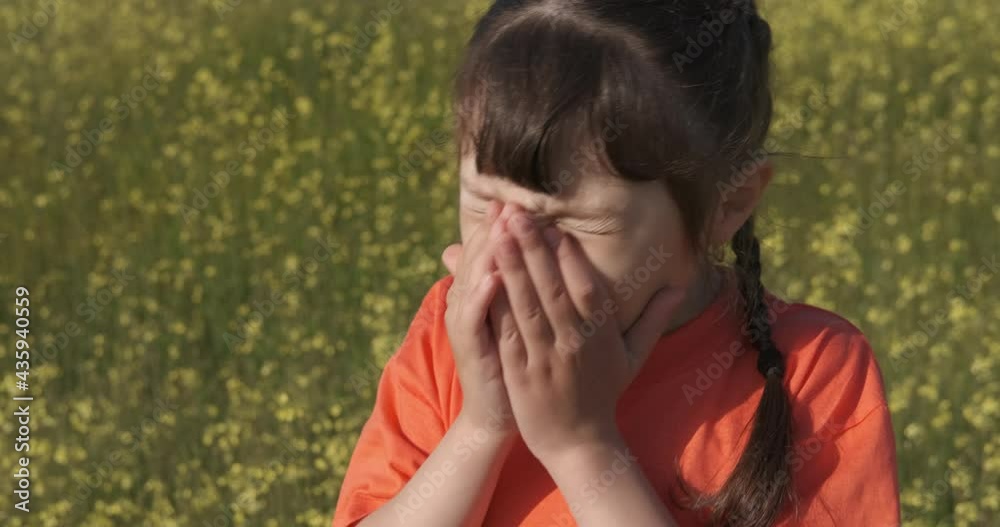 Pollen allergy. A little girl scratches her nose in a blooming field. A child with an allergy to flowers. Pollen allergy. A little girl scratches her nose in a blooming field. A child with an allergy to flowers.