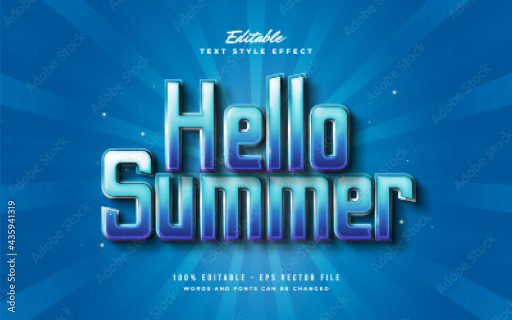Hello Summer Text in Blue Gradient with 3D Embossed Effect. Editable Text Style Effect