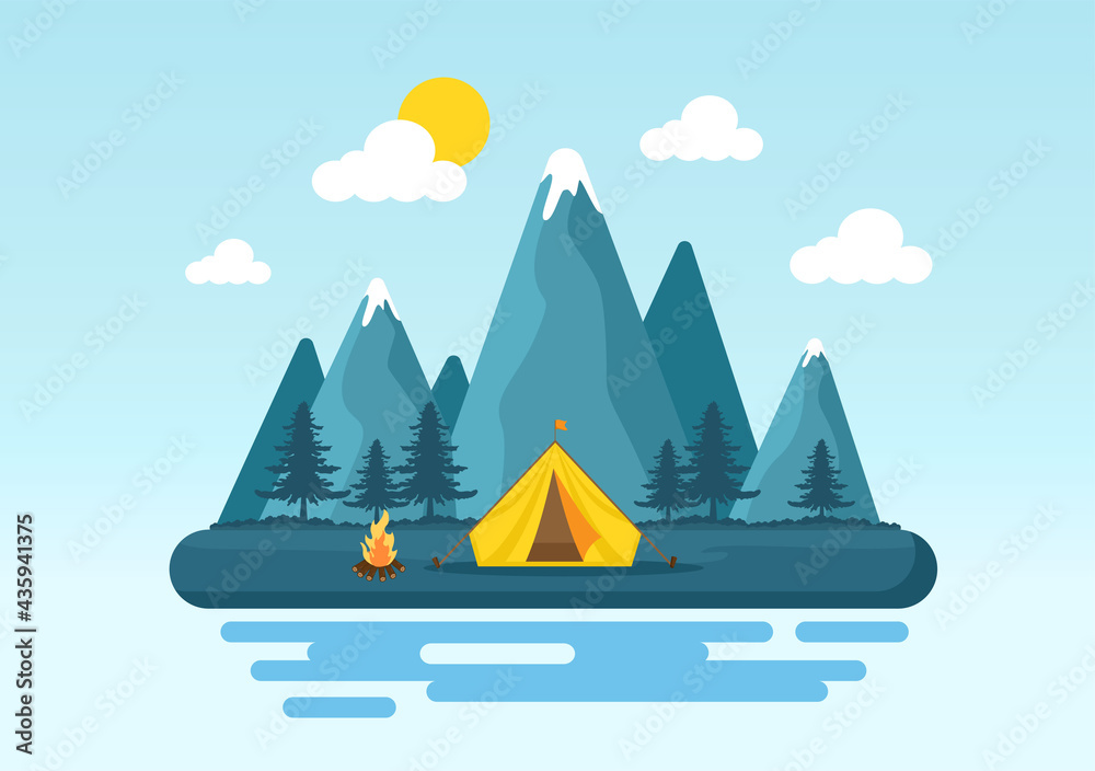Happy Summer Camp in the Mountain for Expedition, Travel, Explore and Outdoor Recreation. Landscape Background Illustration