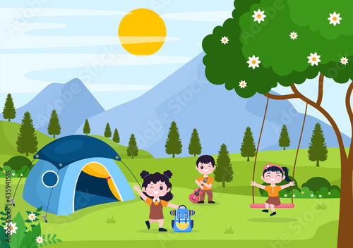 Happy Summer Camp in the Mountain for Expedition, Travel, Explore and Outdoor Recreation. Landscape Background Illustration