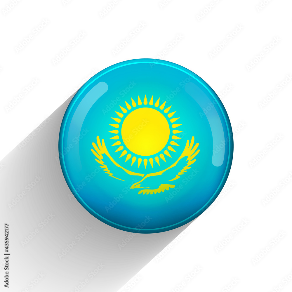 Glass light ball with flag of Kazakhstan. Round sphere, template icon. Kazakh national symbol. Glossy realistic ball, 3D abstract vector illustration highlighted on a white background. Big bubble Glass light ball with flag of Kazakhstan. Round sphere, template icon. Kazakh national symbol. Glossy realistic ball, 3D abstract vector illustration highlighted on a white background. Big bubble