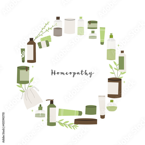Homeopathy, naturopathy. Complementary, alternative, integrative, holistic medicine. Natural organic herb. Apothecary bottle. Vector flat cartoon illustration
