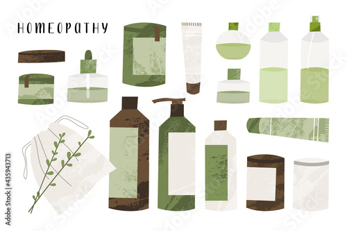 Homeopathy, naturopathy. Complementary, alternative, integrative, holistic medicine. Natural organic herb. Apothecary bottle. Vector flat cartoon illustration