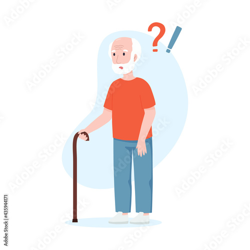Elderly man with question marks. Senile dementia concept.