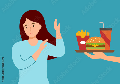 Woman dieting and refuse junk food in flat design. Stop eating unhealthy or fast food for good health.