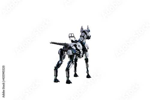 Cyborg dog with various poses for using a collage. Cyborg dog with black and white textures created in 15 degree steps. 3D rendering, 3D illustration