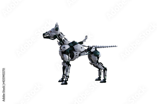 Cyborg dog with various poses for using a collage. Cyborg dog with black and white textures created in 15 degree steps. 3D rendering, 3D illustration