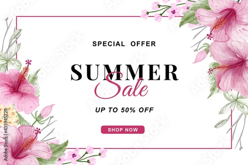 summer sale banner with flower hibiscus watercolor