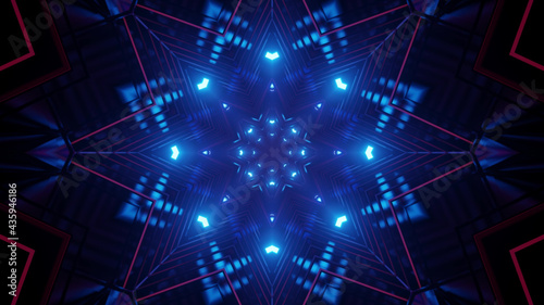 3D rendering of futuristic kaleidoscope patterns in neon blue and blvibrant colors