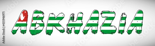 Abkhazia flag on text typography. Country name banner strip. Creative typography background