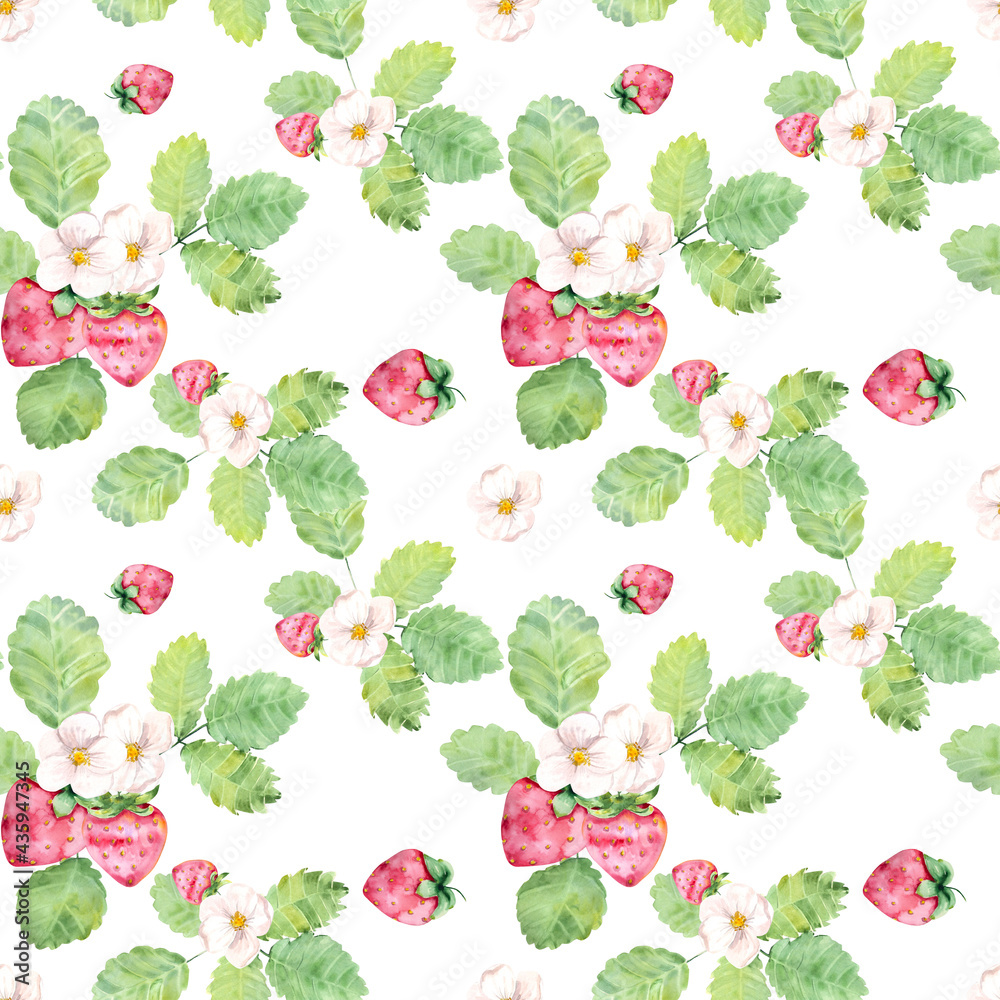 Watercolor illustration. Seamless pattern. Watercolor elements of blooming and ripe strawberries with green leaves