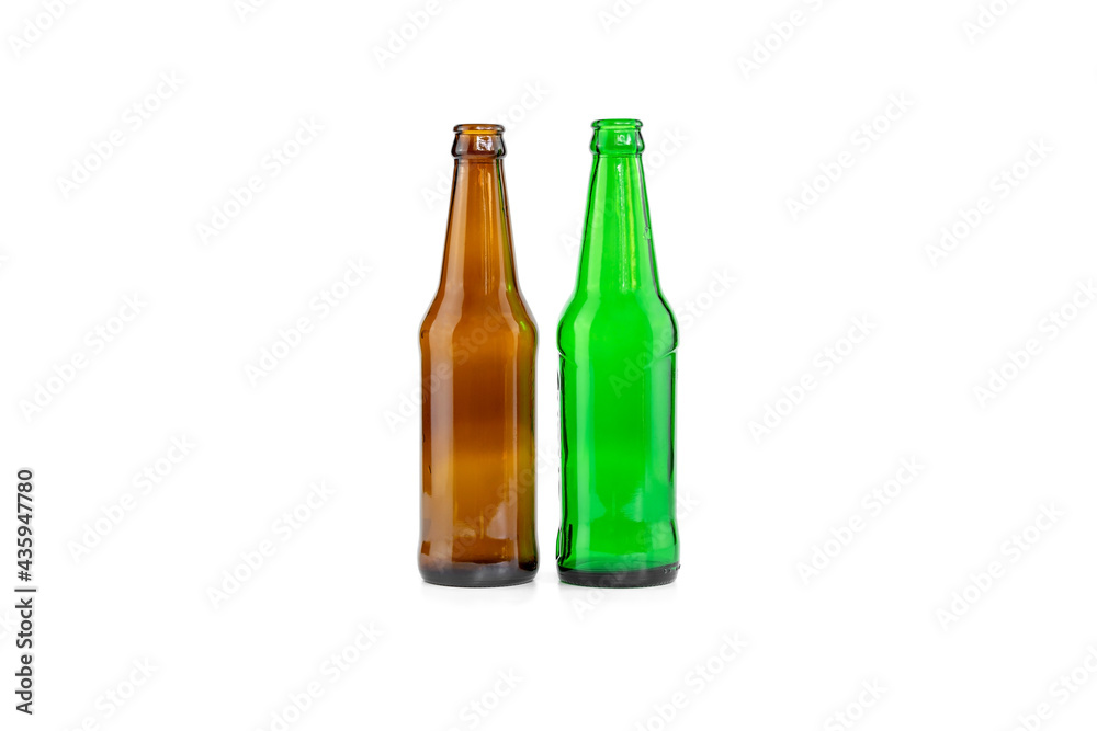 Empty brown and green beers bottles isolated on white background Empty brown and green beers bottles isolated on white background