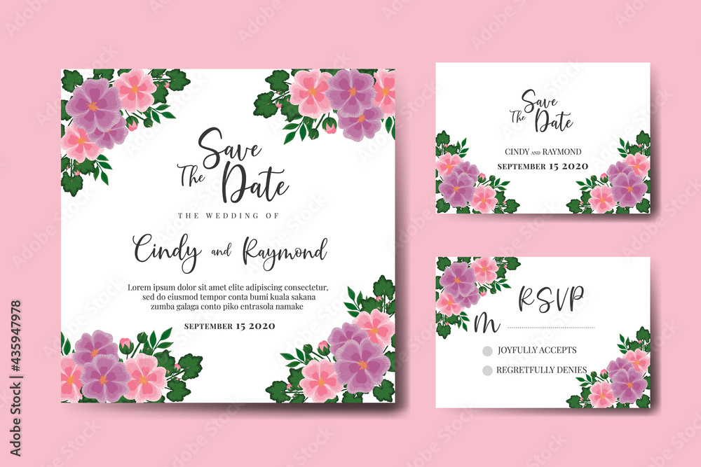 Wedding invitation frame set, floral watercolor Digital hand drawn Hollyhocks Flower design Invitation Card Template