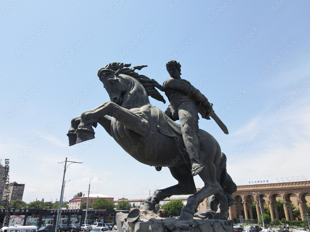 Yerevan, Republic Of Armenia,  May 26,2021 , David of Sasun Yerevan Metro Station, Yerevan Train Station of Sasuntsi David , Sasuntsi David station of Yerevan subway, Sasuntsi Davit Statue , 