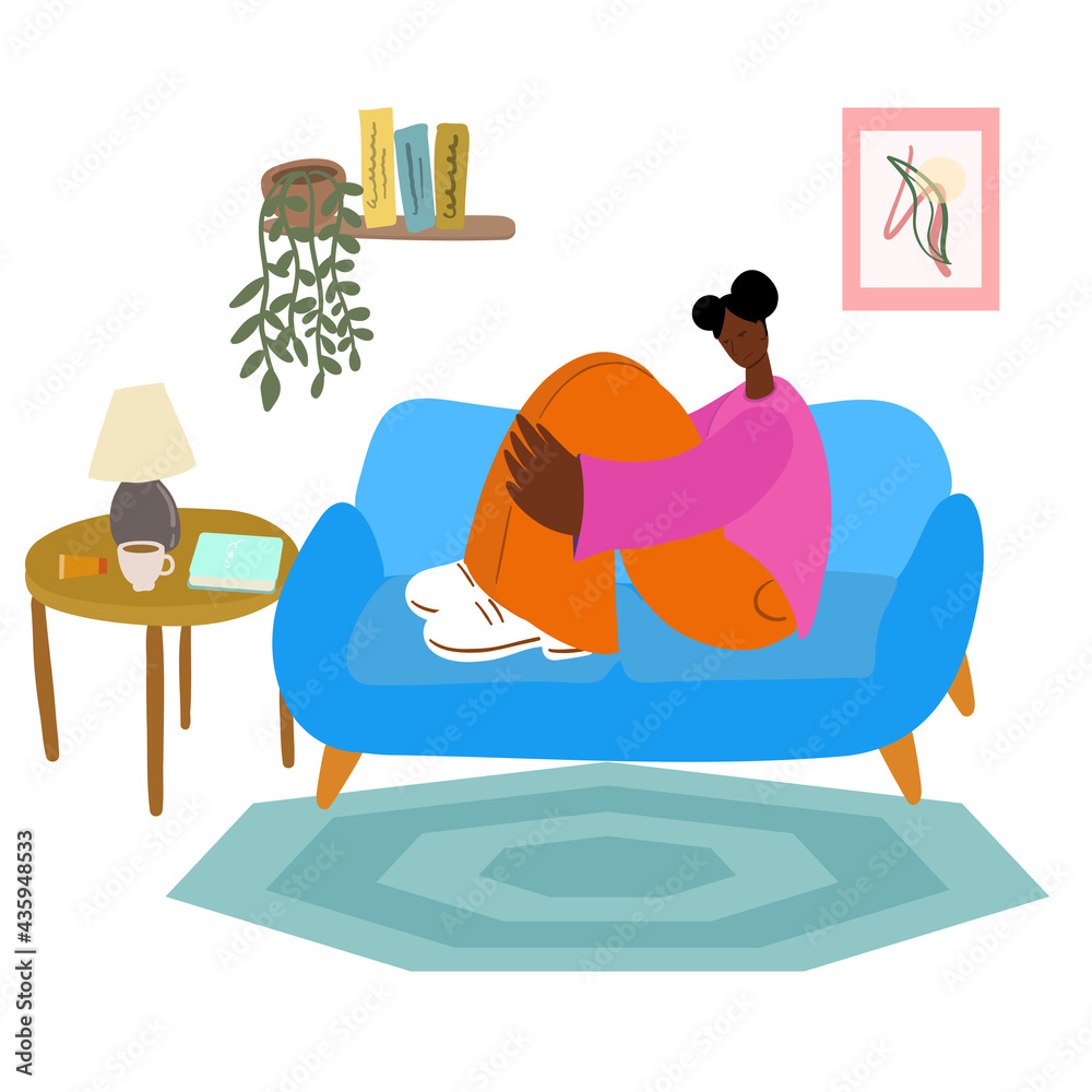Obraz premium Apathetic woman on sofa.The concept of procrastination and apathy.Depressed.Flat illustration