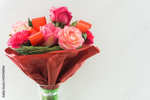 Fototapeta Naklejka Na Ścianę i Meble -  Mother's day bouquet background. Bunch of flowers isolated. Pink rose background. Woman's day bouquet background.