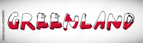 Greenland flag on text typography. Country name banner strip. Creative typography background