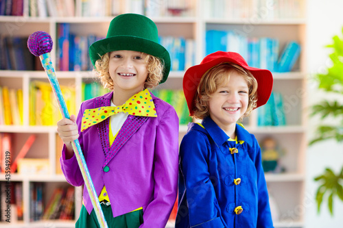 Kids in book character costume. School party.
