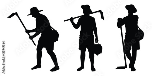 Set of Asian gardener with hoe for working silhouette vector on white background photo
