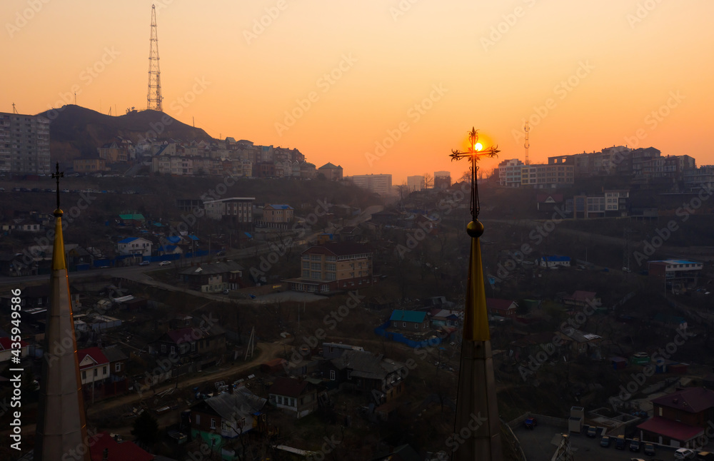 Fototapeta premium Beautiful Catholic Church of the Most Holy Theotokos at sunrise