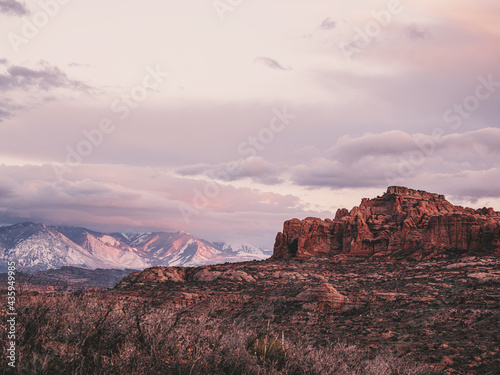 pink sky, wonderful scenic view in Arches National Park