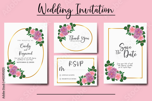 Wedding invitation frame set  floral watercolor Digital hand drawn Hollyhocks Flower design Invitation Card Template