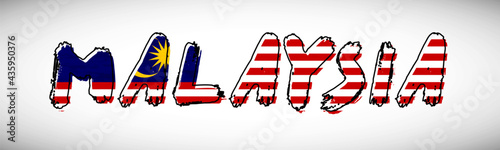 Malaysia flag on text typography. Country name banner strip. Creative typography background