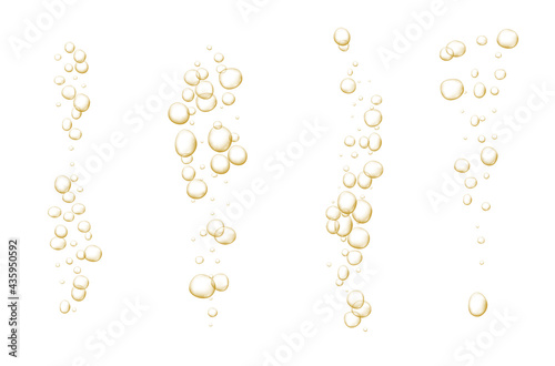 Gold fizzy bubbles. Sparkles champagne. Fizzy pop and effervescent drink. Abstract fresh soda and air bubbles, oxygen, champagne crystal. Vector illustration on black transparent background.