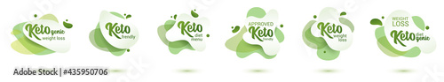 Keto frendly badge set. Green amoeba design of sticker for keto diet menu, poster, flyer.