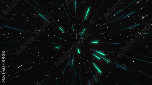 Hyperspace jump through the stars to a distant space seamless loop. Speed of light, neon glowing rays in motion. Lightspeed space journey through time continuum.