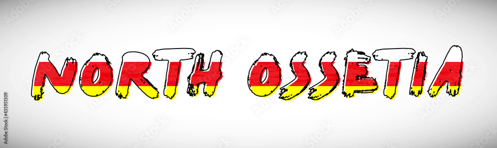 North Ossetia flag on text typography. Country name banner strip. Creative typography background