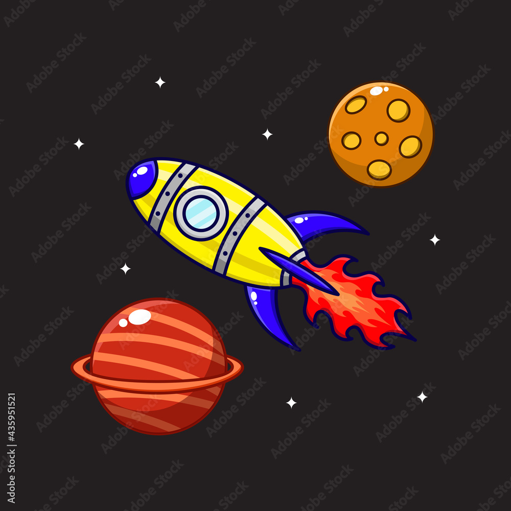 Fototapeta premium cartoon illustration of a rocket flying between the planets