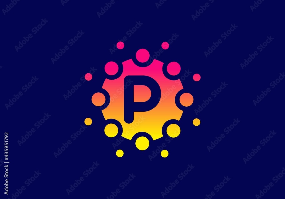 Fototapeta premium Yellow pink gradient color of P initial letter in unique circle