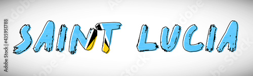 Saint Lucia flag on text typography. Country name banner strip. Creative typography background