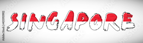 Singapore flag on text typography. Country name banner strip. Creative typography background