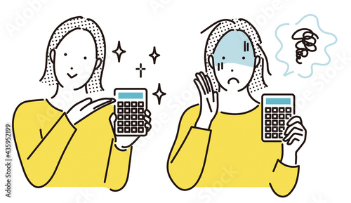 シンプル　イラスト　電卓をもつ女性のセットイラスト