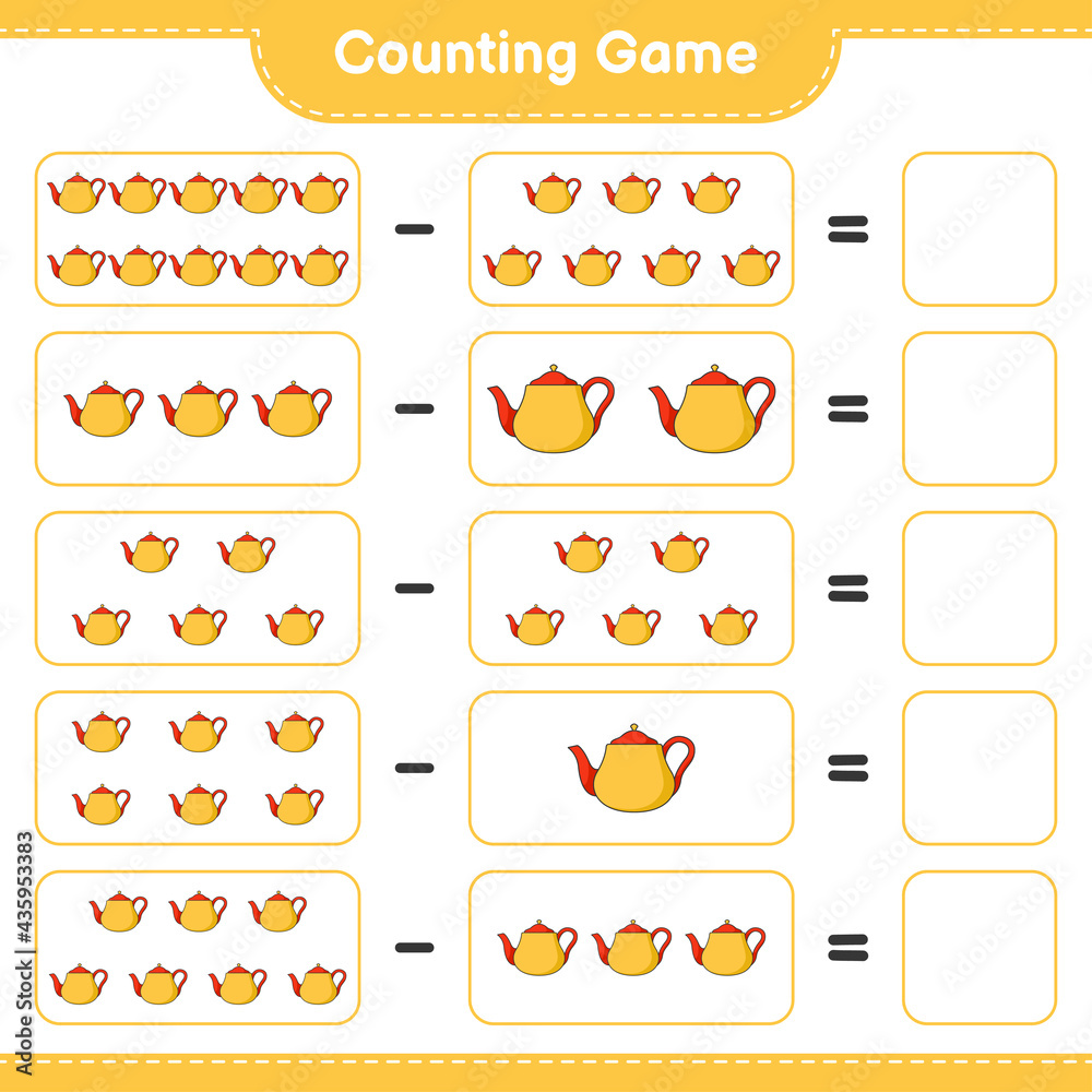 Counting game, count the number of Tea Pot and write the result. Educational children game, printable worksheet, vector illustration