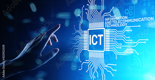 ICT - Information and communication technology concept on virtual screen.
