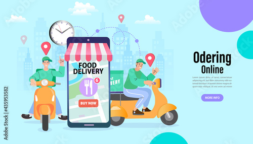 Ecommerce concept. Online shopping. Online delivery service concept. Fast delivery by scooter via mobile phone. Man riding scooter. Vector illustration.