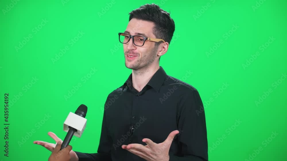 Caucasian businessman gives an interview to journalists, communication with the press, chromakey template. Caucasian businessman gives an interview to journalists, communication with the press, chromakey template.